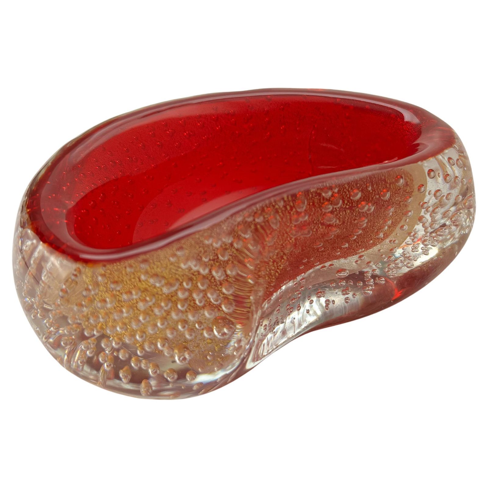 Archimede Seguso, Murano Glass Bowl, Red Sommerso, Gold Inclusion C.1950s Italy