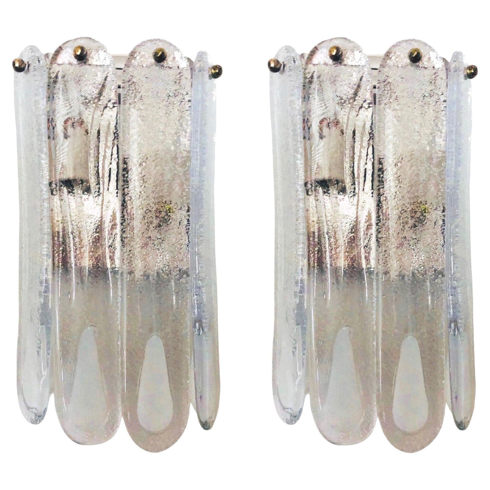 Italian Mid Century Pair Of White Murano Glass Wall Sconces By Mazzega, 1970s