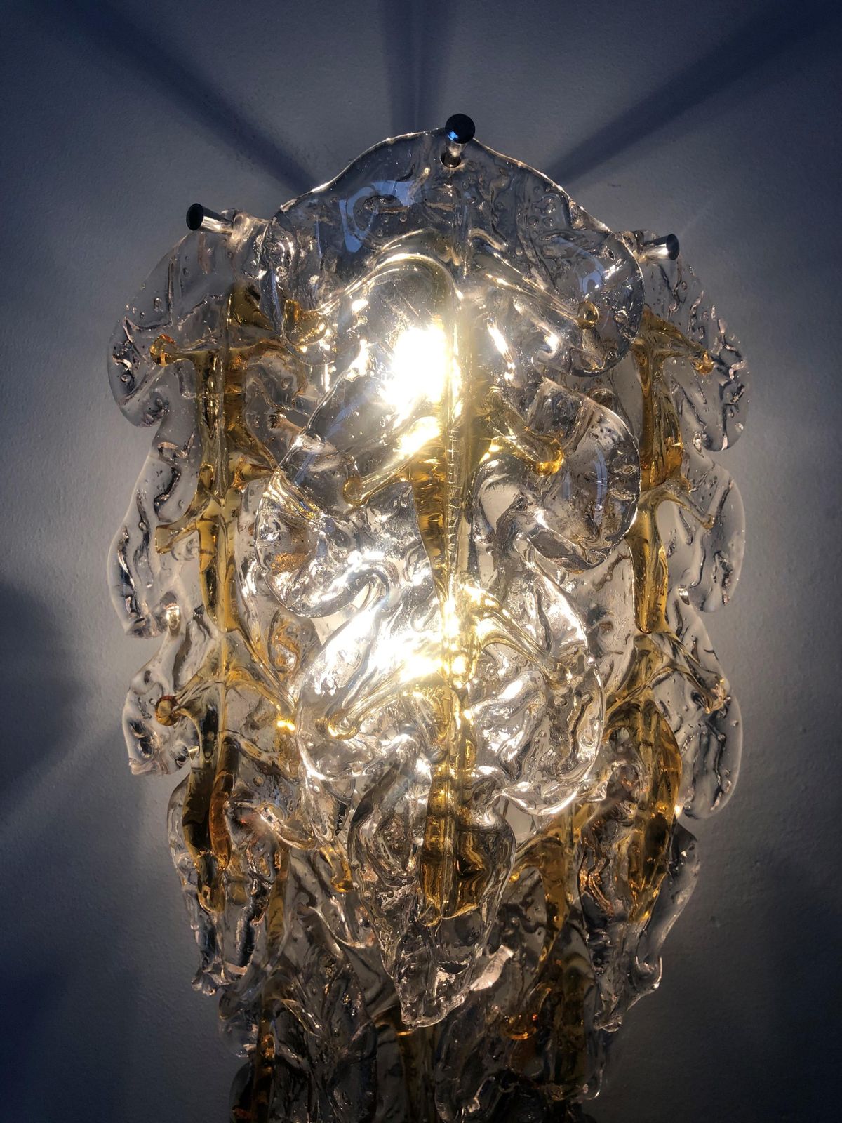 Italian Lomg Midcentury Amber Murano Glass Leaf Wall Sconce By Mazzega, 1970s photo for sale