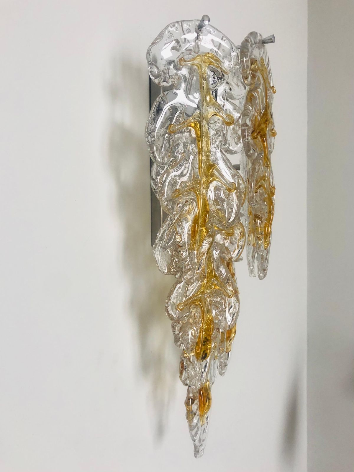 Italian Midcentury Set Of Three Amber Murano Wall Sconces By Mazzega, 1970s photo for sale