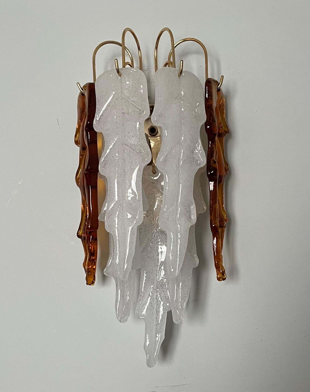 photo furniture Italian Mid Century Pair Of White Amber Murano Wall Sconces By Mazzega, 1970s