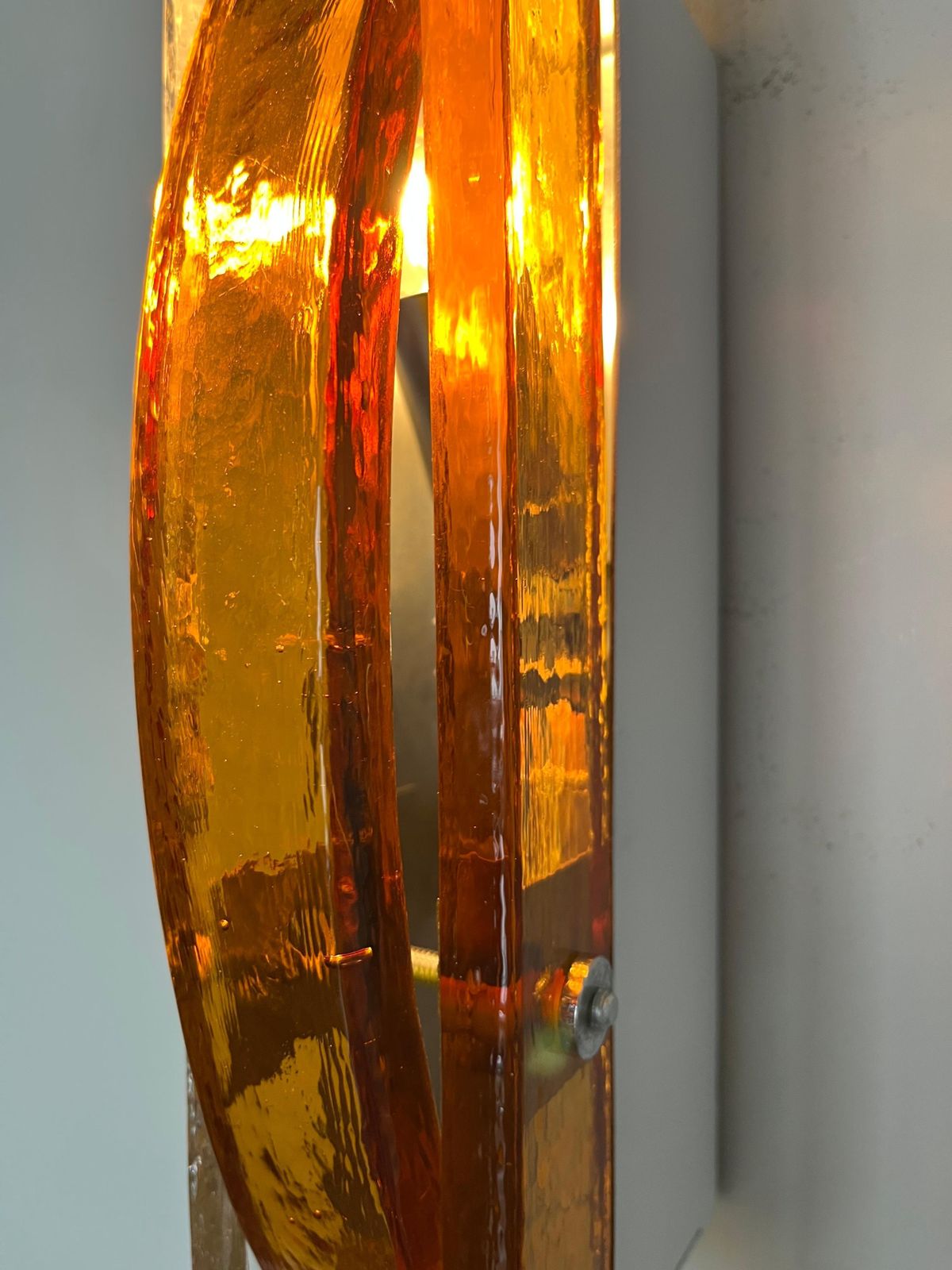 Italian Mid Century Pair Of Amber Clear Murano Wall Sconces By Poliarte, 1970s photo vinterior