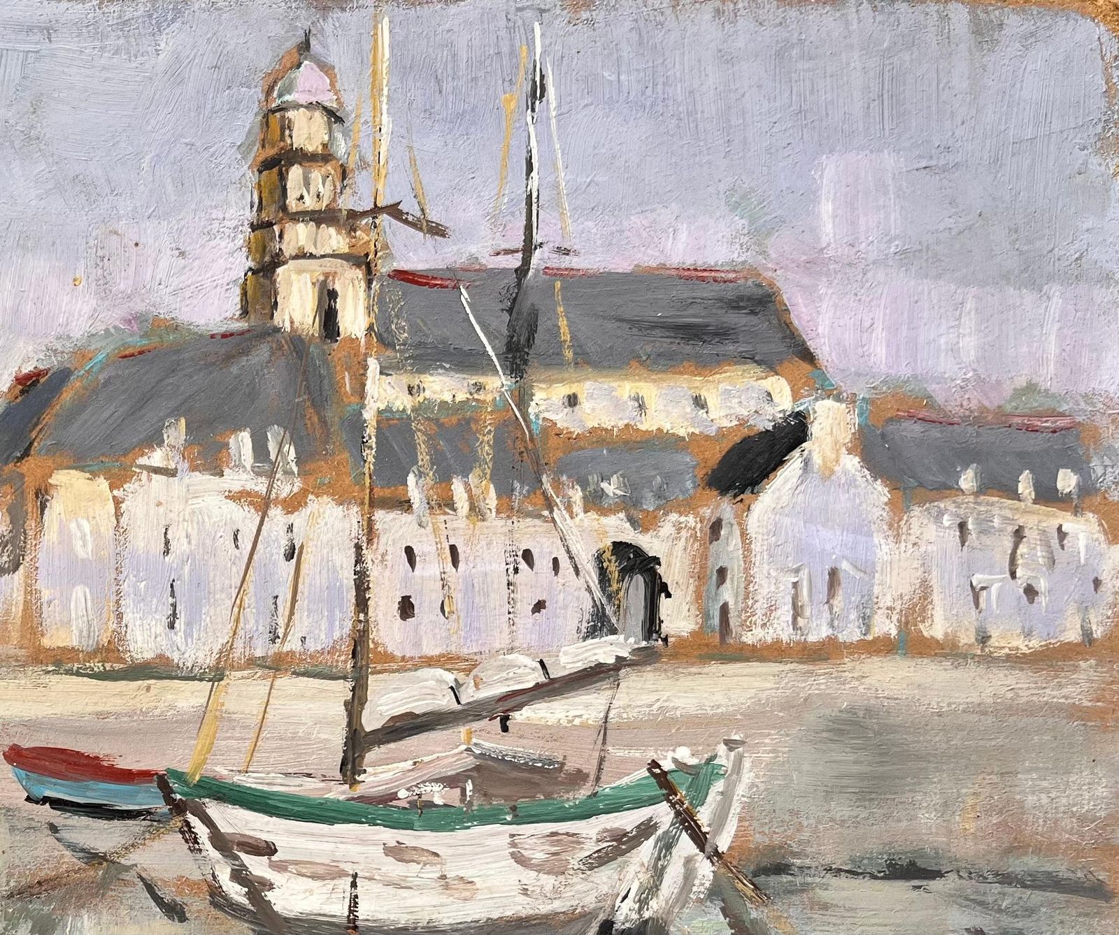 Fanch Lel Post Impressionist French Harbour Scene Of Saint Servan With Boats And Church 1999 photo for sale