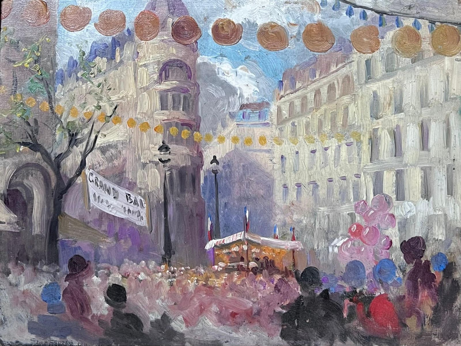 Marcelle Krier   Lambrette 1930s French Impressionist Oil Painting Busy French Market Festival Street Scene 1930's