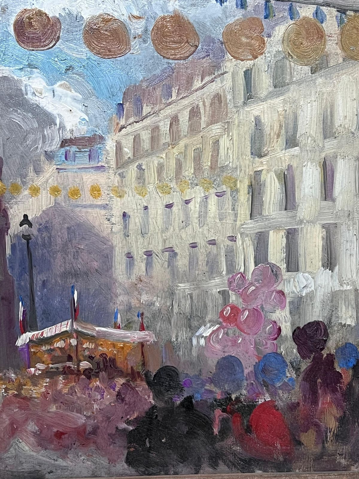 Marcelle Krier   Lambrette 1930s French Impressionist Oil Painting Busy French Market Festival Street Scene 1930's photo for sale