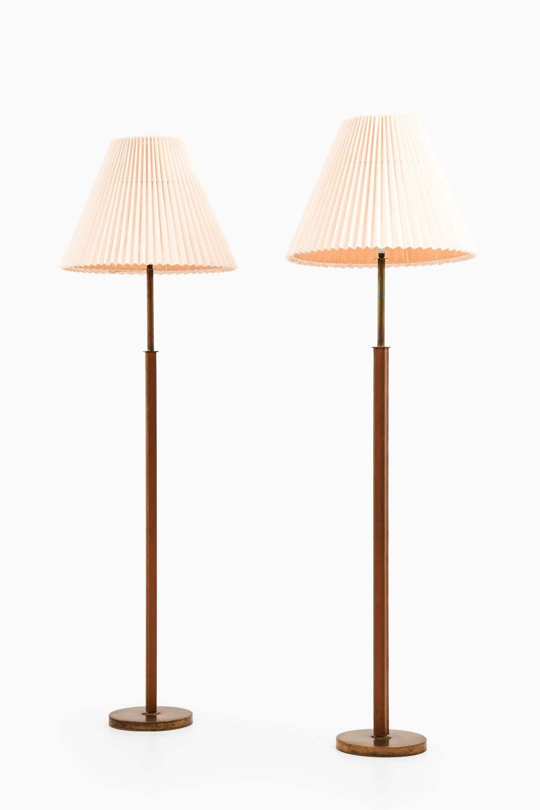 Rare Pair Of Floor Lamps In Leather, Brass And Original Shades, 1950's photo vintage