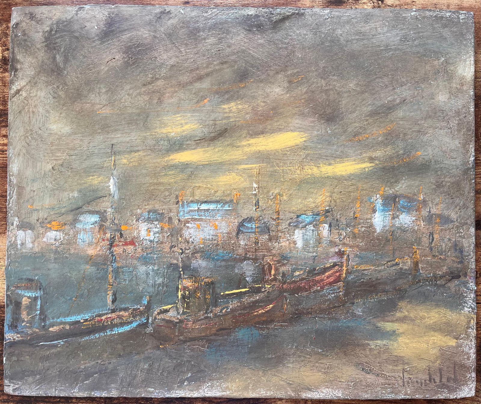 Fanch Lel Impressionist French Nocturne Port Scene Oil Painting With Boats And Lights photo furniture
