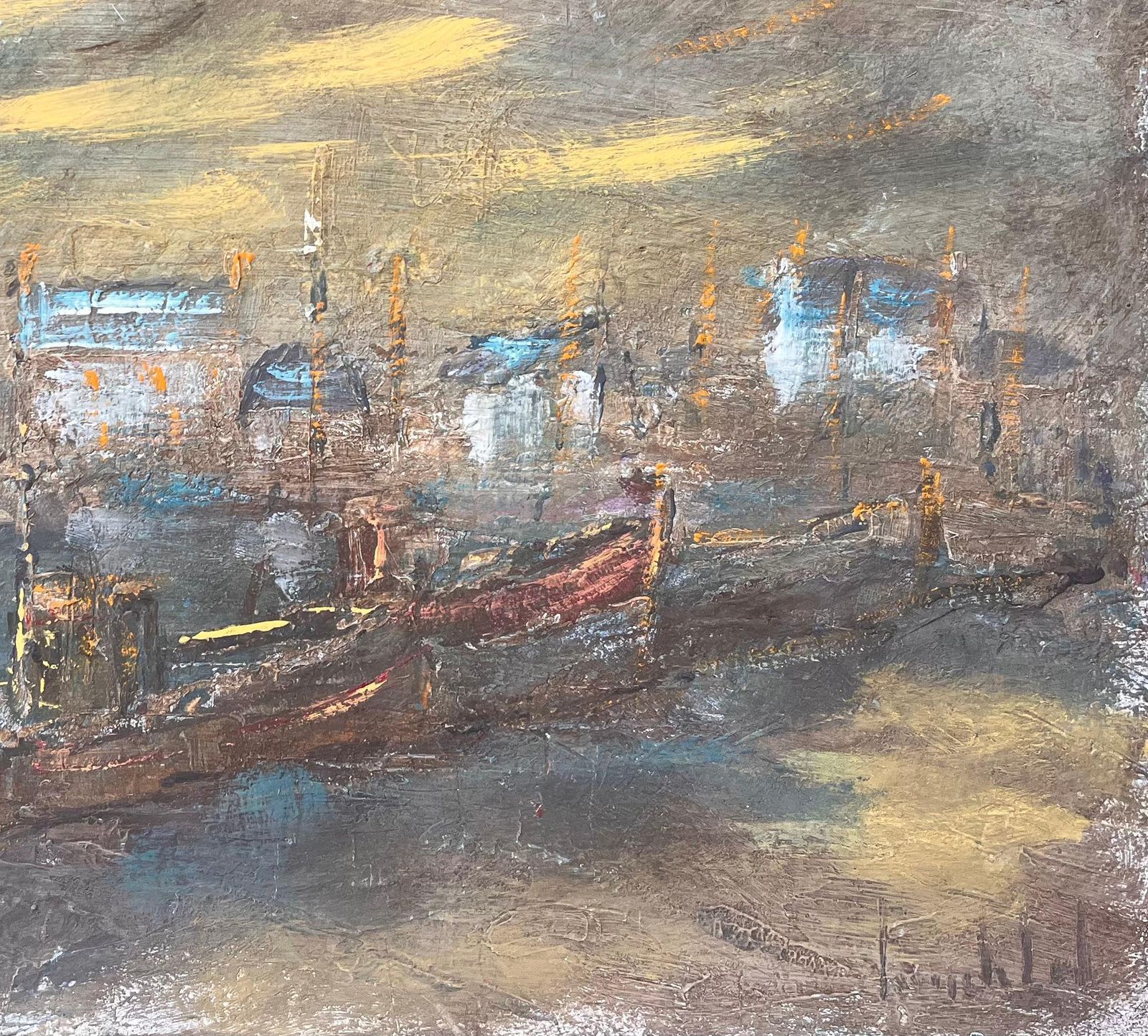 Fanch Lel Impressionist French Nocturne Port Scene Oil Painting With Boats And Lights photo 490.0