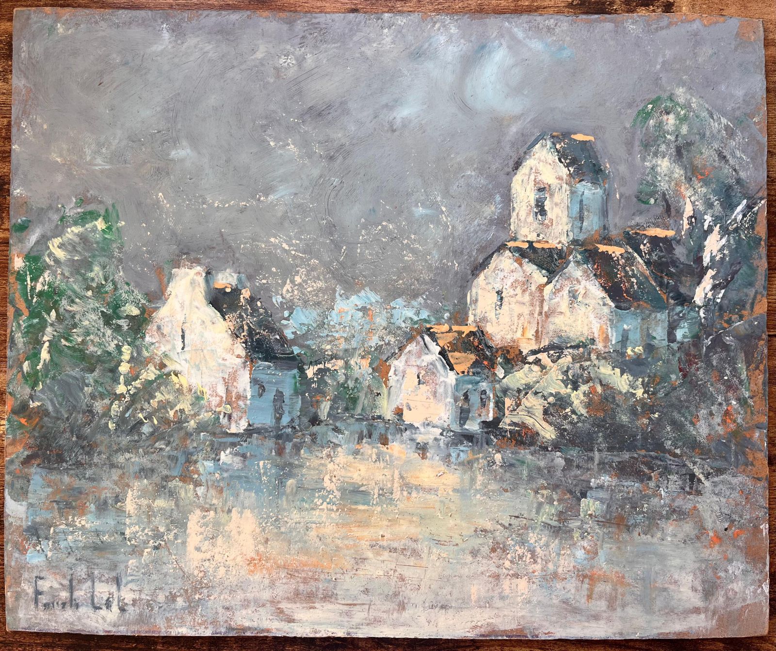 Fanch Lel French Expressionist Oil Of Village With Church Under Stormy Sky photo furniture