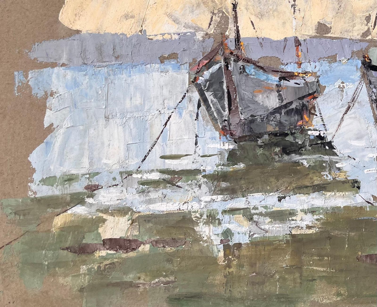Fanch Lel Textured Coastal Oil Painting Of Fishing Boats And Lighthouse With Dramatic Sky 1993 photo for sale