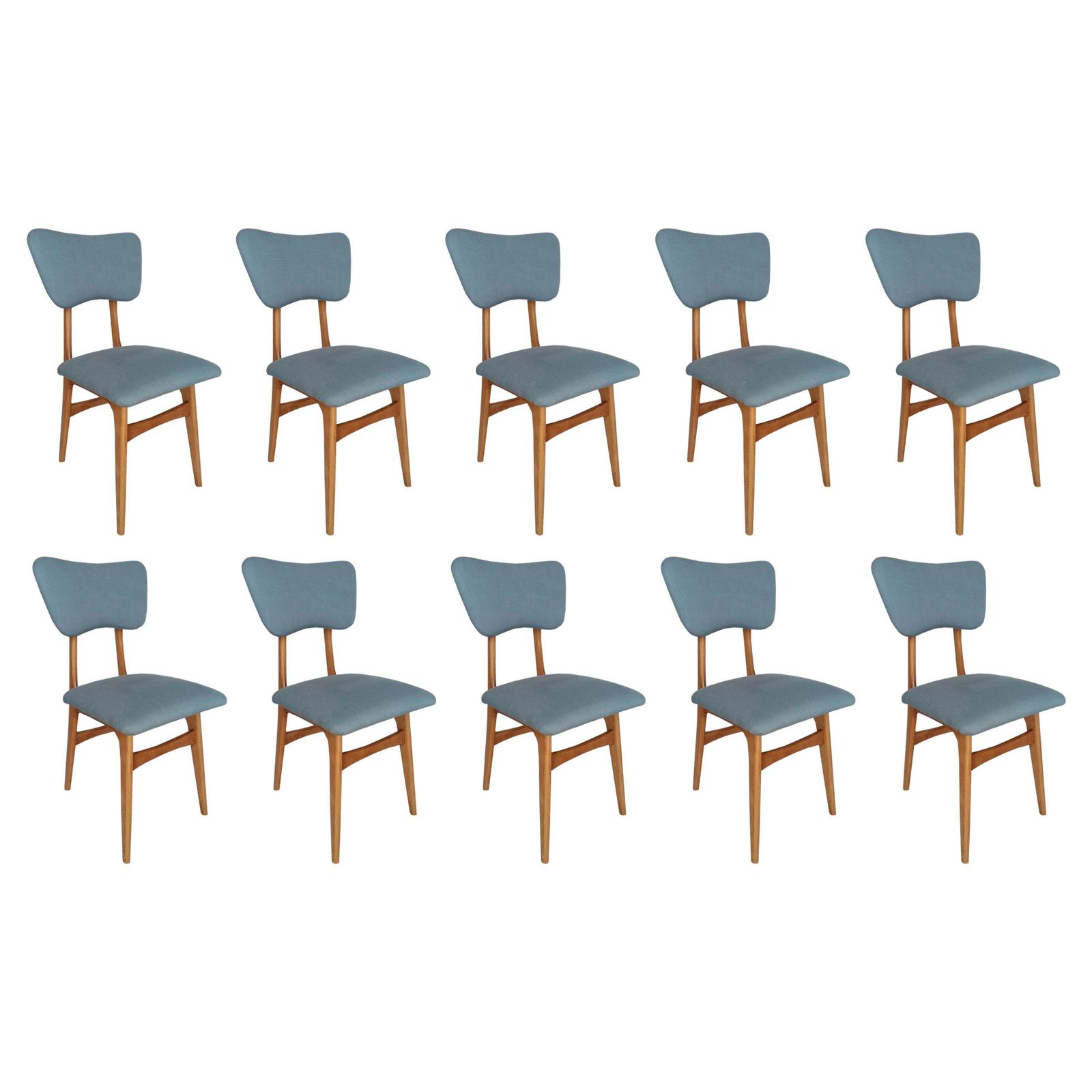 Ten Mid Century Butterfly Chairs, Blue Pierre Frey Linen, Oak Wood, Europe, 1960