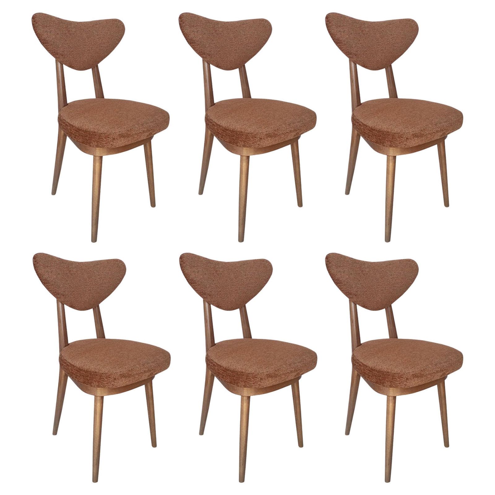 Set Of Six Mid Century Heart Chairs In Brown Orange Velvet, Europe, 1960s