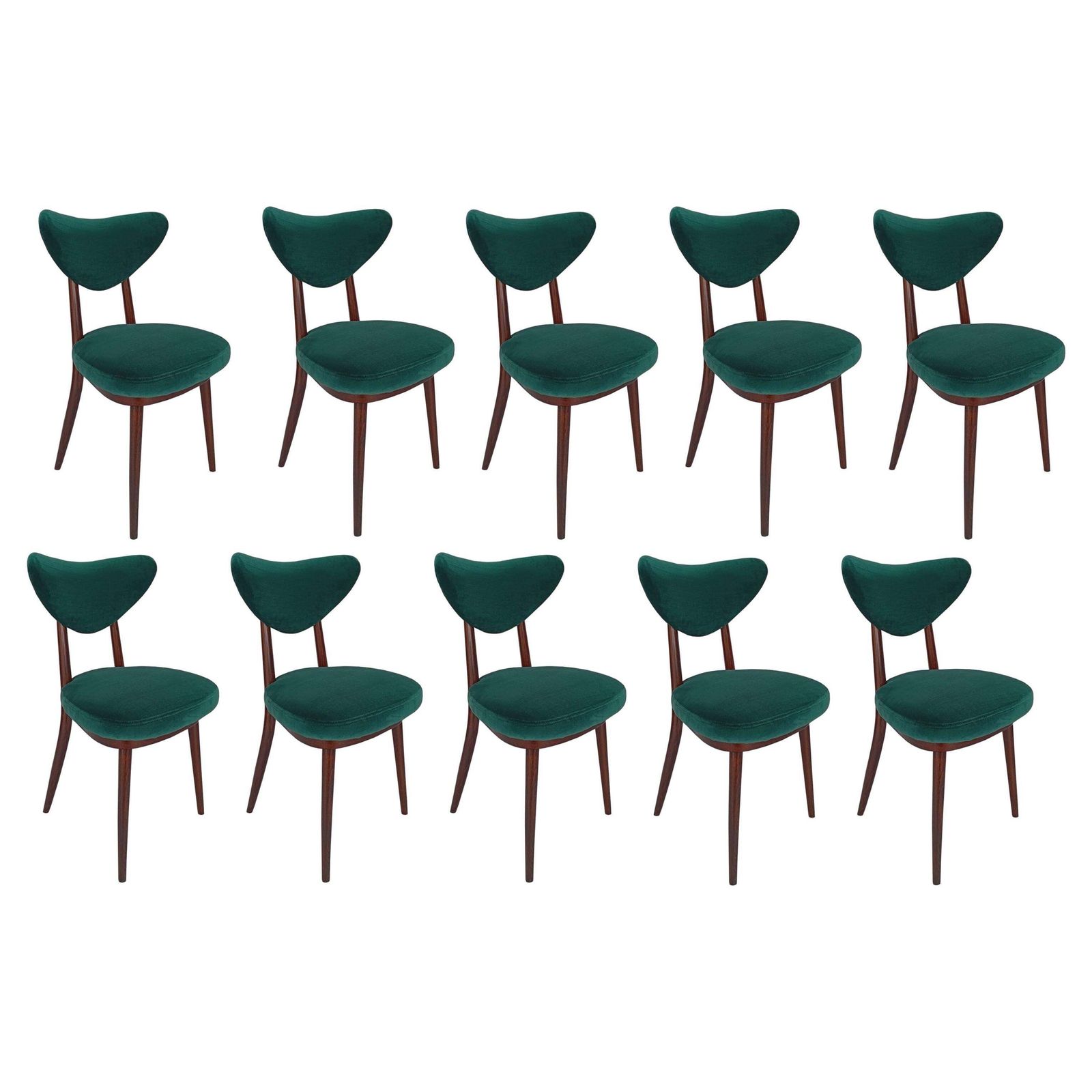 Set Of Ten Mid Century Heart Chairs, Green Cotton Velvet By Dedar, Europe, 1960s