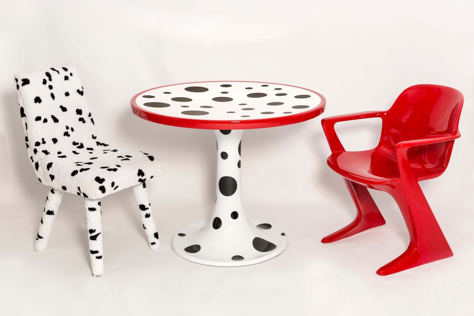 photo furniture Four Midcentury Hand Tufting Cruella Dalmatian Wool, Rajmund Halas Chairs, 1960s
