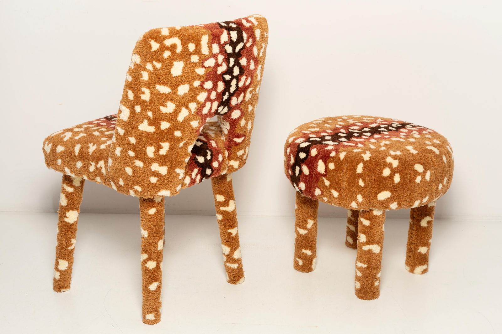 Set Of Mid Century Hand Tufting Roe Deer Bambi Wool Chair And Stool, Europe photo 2573.0