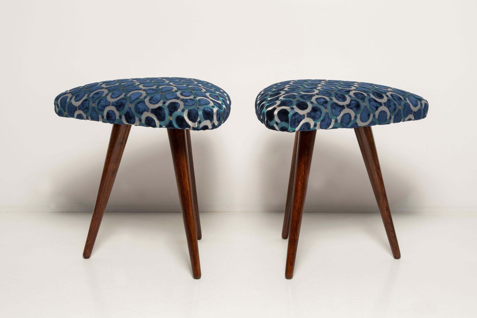 Set Of Two Mid Century Scarabeo Blue Velvet Dedar Triangle Stools, Europe, 1960s photo for sale