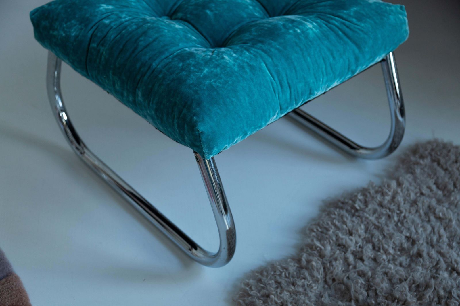 Furniture Mid Century Bench Stool, Turquoise Blue Dedar Plushy Velvet, Bauhaus, 1970s photo