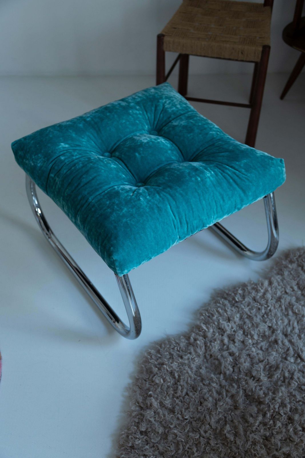 1033.0 Mid Century Bench Stool, Turquoise Blue Dedar Plushy Velvet, Bauhaus, 1970s photo