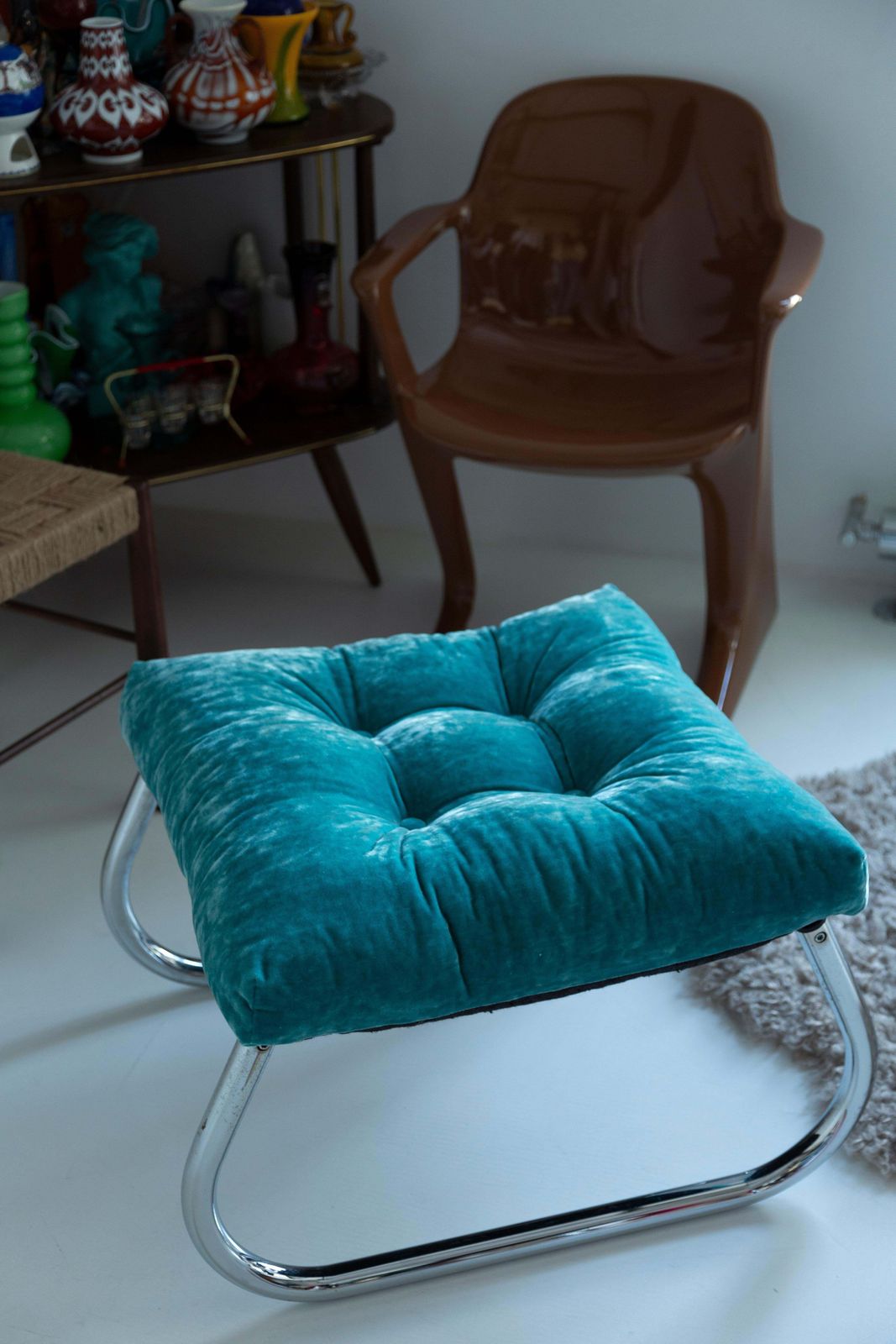 photo buy Mid Century Bench Stool, Turquoise Blue Dedar Plushy Velvet, Bauhaus, 1970s