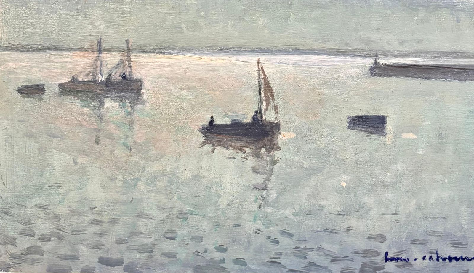 Henry Maurice Cahours"Solitudine" Paesaggio Con Barche A Vela Francia Del Nord   Cm. 37 X 211930 Ca photo 5146.0