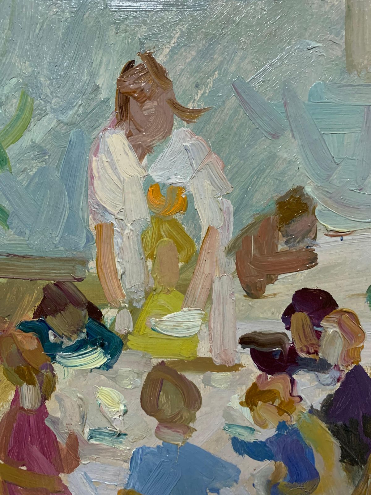 Nadezhda Vorobieva"Kindergarten, Children" Oil Cm. 36 X 48 , 1960 , Shipping Free1960 photo for sale