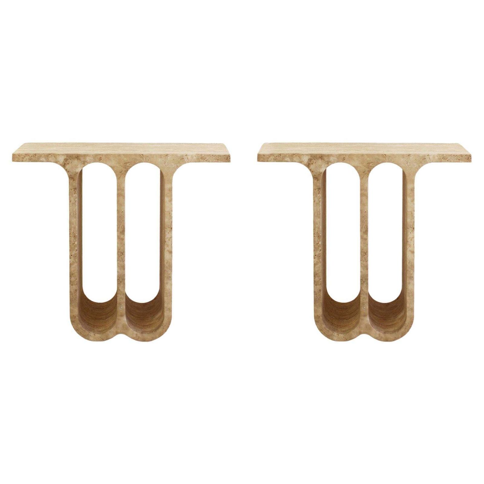 Monolithic Ivory Travertine Arch Consoles, Italy Modern 1980, Set Of Two