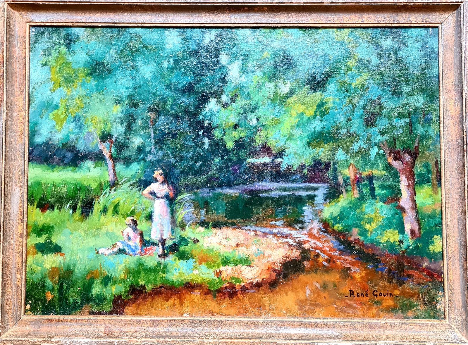 René Albert Raphaël Gouin French Impressionist Oil On Canvas, Picnic By The Riverbank Dejeuner Sur L'herbe