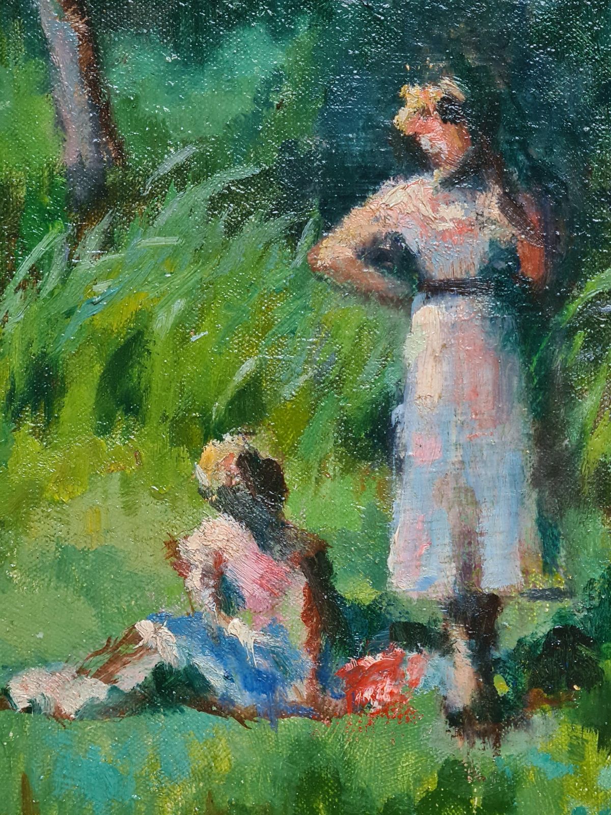 René Albert Raphaël Gouin French Impressionist Oil On Canvas, Picnic By The Riverbank Dejeuner Sur L'herbe photo vintage