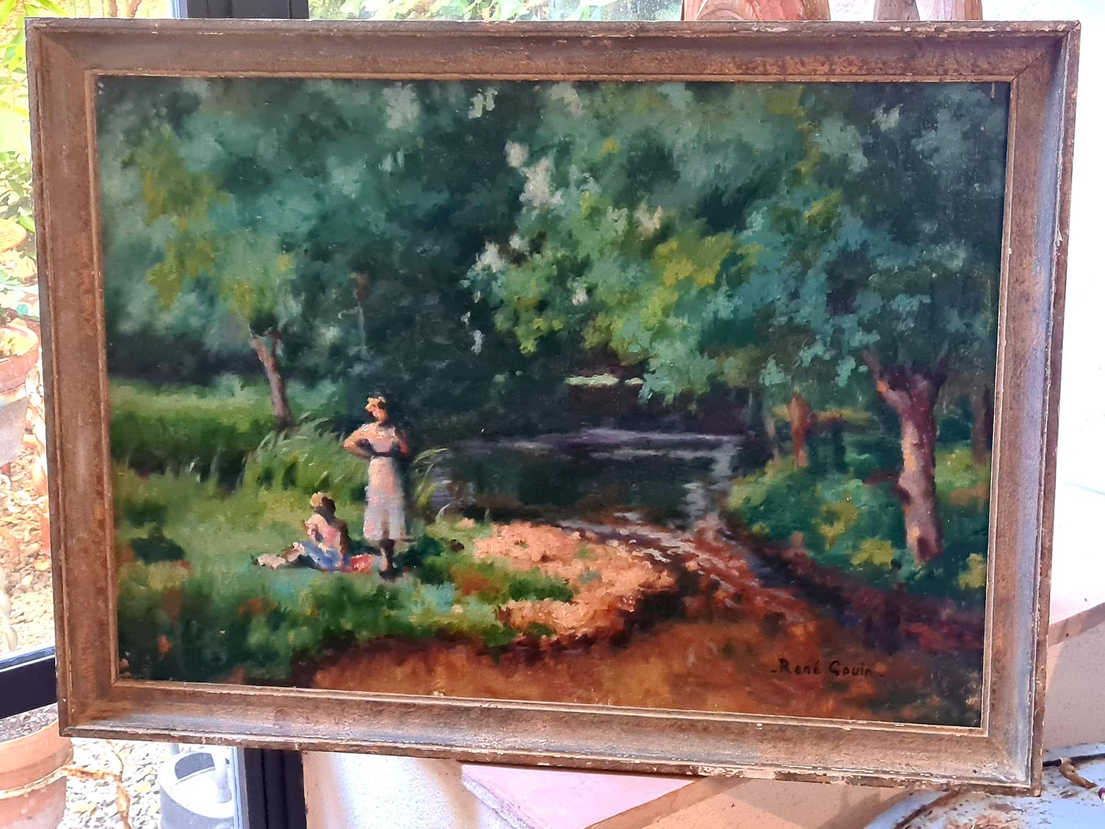 1377.0 René Albert Raphaël Gouin French Impressionist Oil On Canvas, Picnic By The Riverbank Dejeuner Sur L'herbe photo