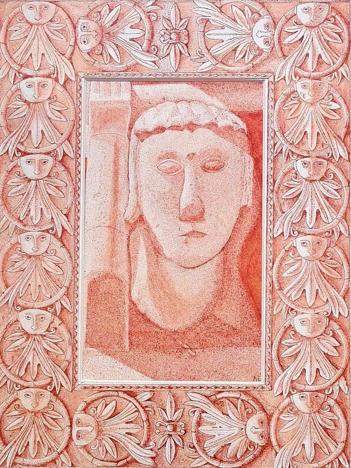 Unknownsanguine Watercolour Study Of A Cubist Head With Floral Painted Mount.