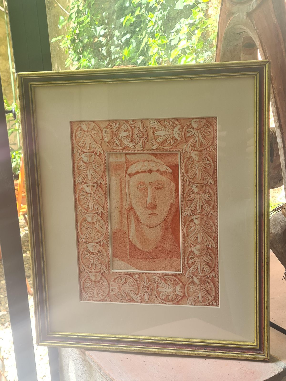 photo vinterior Unknownsanguine Watercolour Study Of A Cubist Head With Floral Painted Mount.