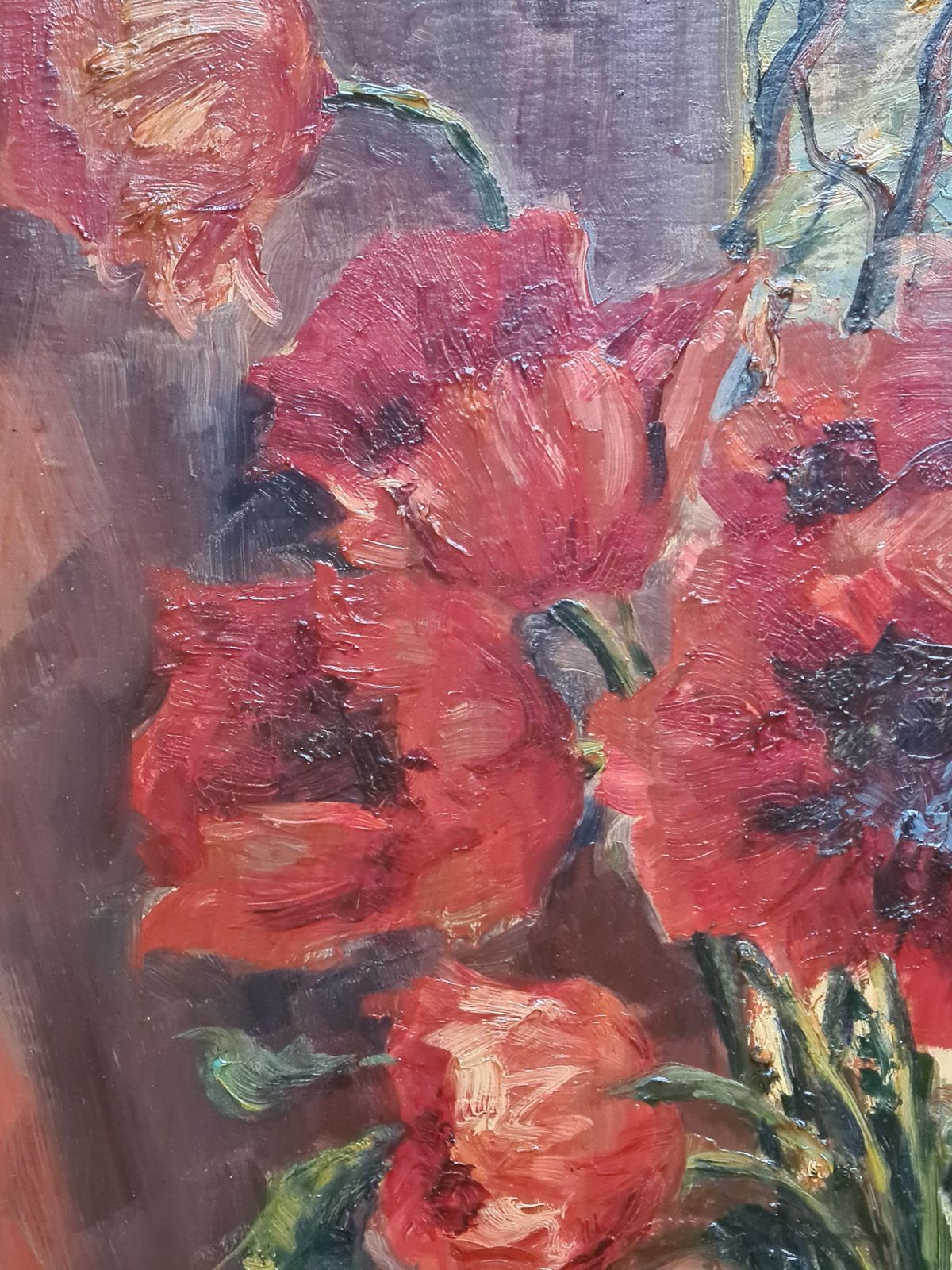 Eduard Bauer Bredtlarge Naturalist Oil On Board, Papaver Orientale, Poppies In A Vase1927 photo vinterior