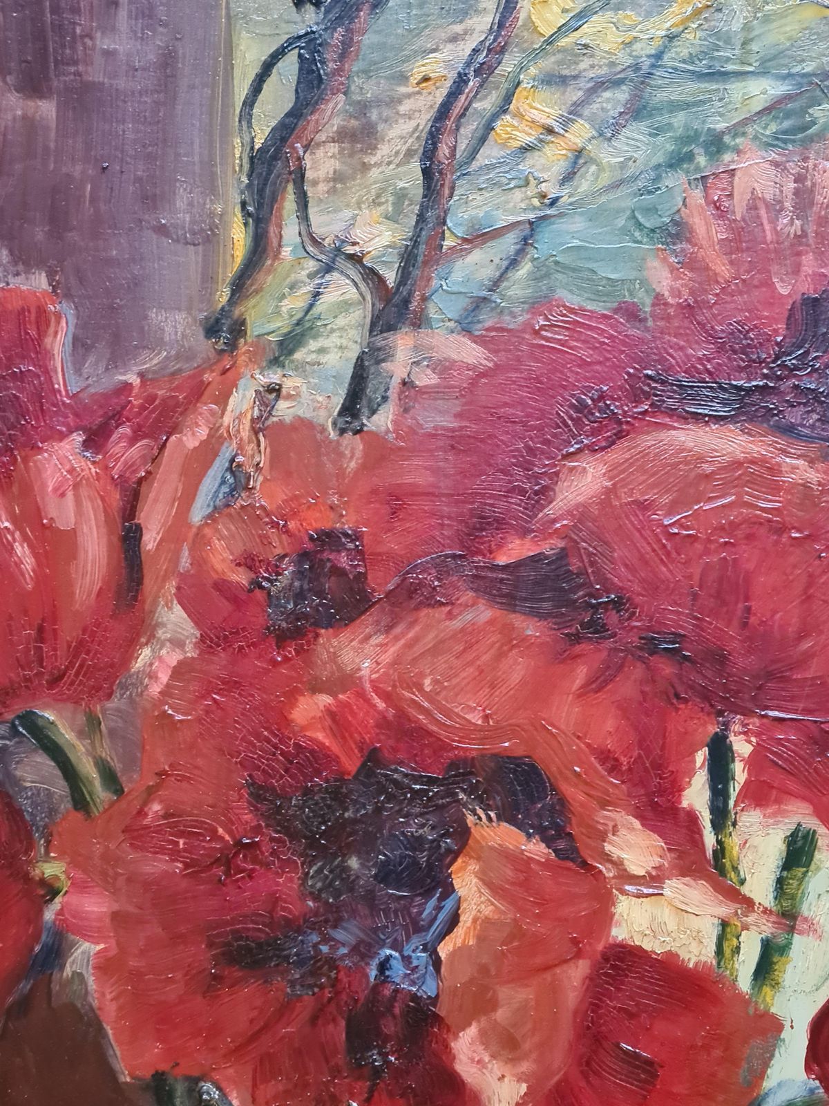Eduard Bauer Bredtlarge Naturalist Oil On Board, Papaver Orientale, Poppies In A Vase1927 photo vintage