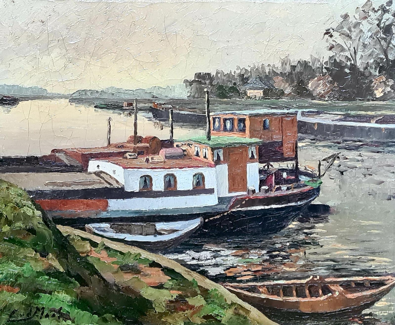 C Van Der Maaslarge Early 20th Century Dutch Oil On Canvas, The Houseboat On A Canal photo furniture