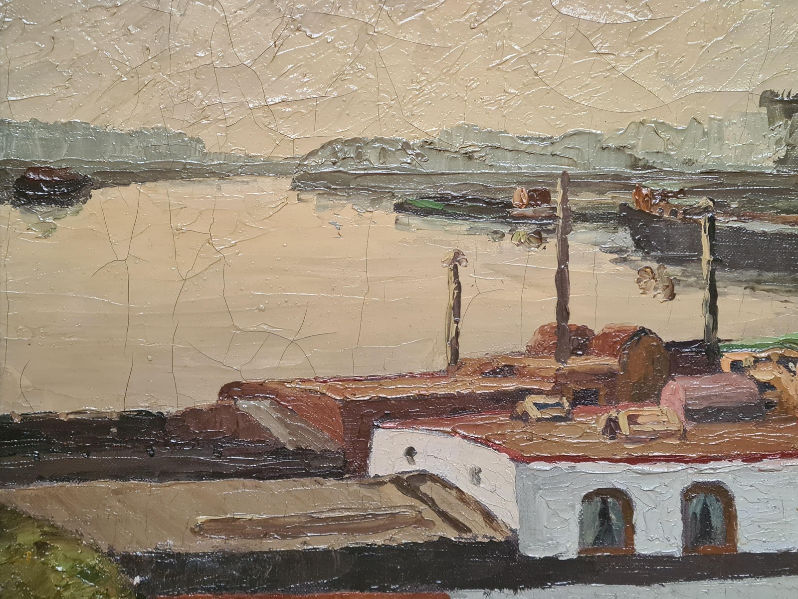 C Van Der Maaslarge Early 20th Century Dutch Oil On Canvas, The Houseboat On A Canal photo vinterior