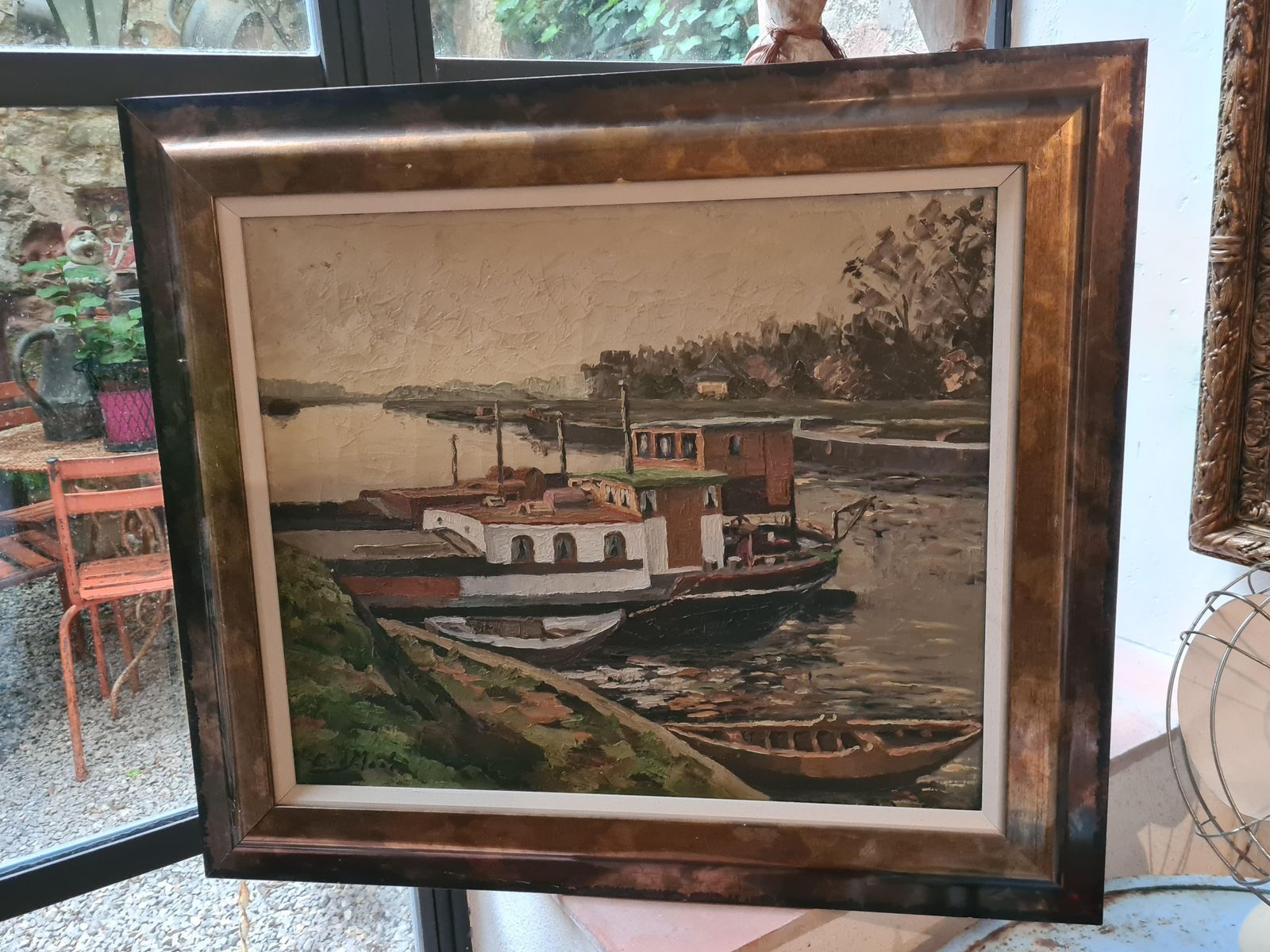 photo vinterior C Van Der Maaslarge Early 20th Century Dutch Oil On Canvas, The Houseboat On A Canal