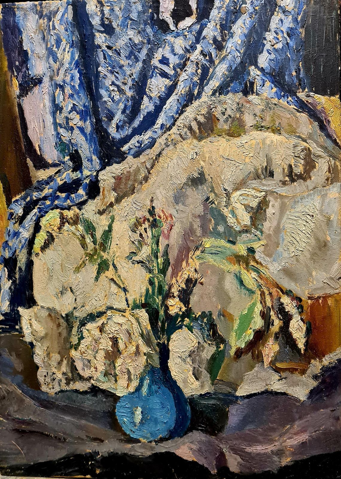 French Mid Century Oil On Board, The Blue Vase, Circle Of Henri Matisse, 1940s By Léon Nancey