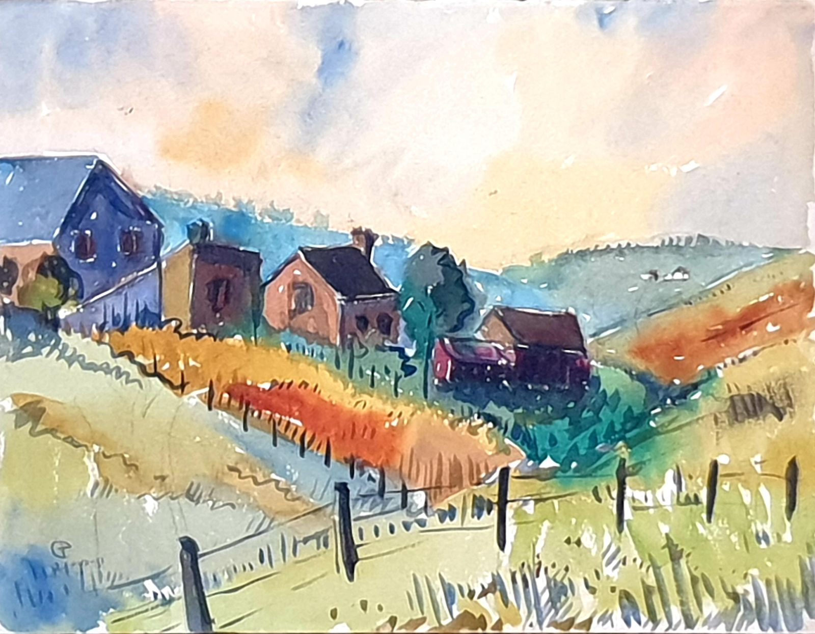 Mid Century Watercolours Double Sided On Paper, Village Landscape Or Canal View From 1951 By André Pierard photo furniture
