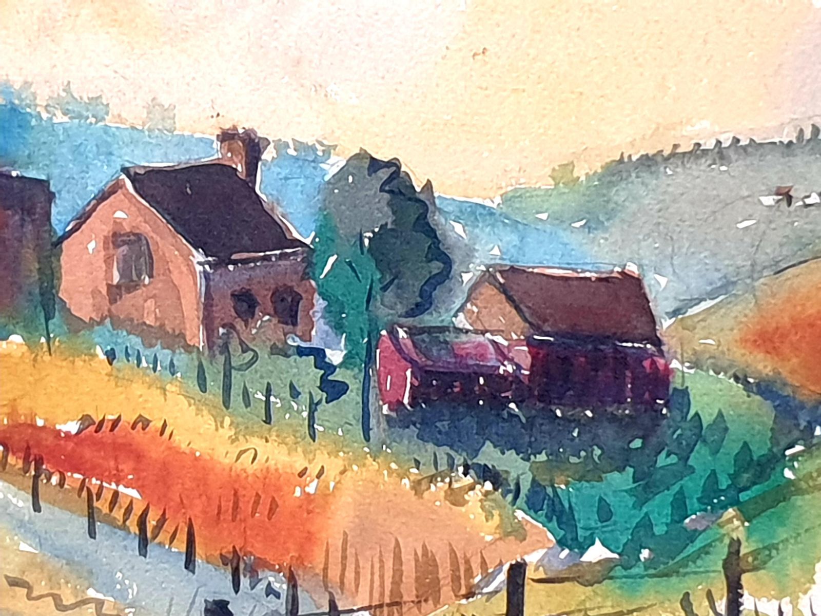 Mid Century Watercolours Double Sided On Paper, Village Landscape Or Canal View From 1951 By André Pierard photo 386.0