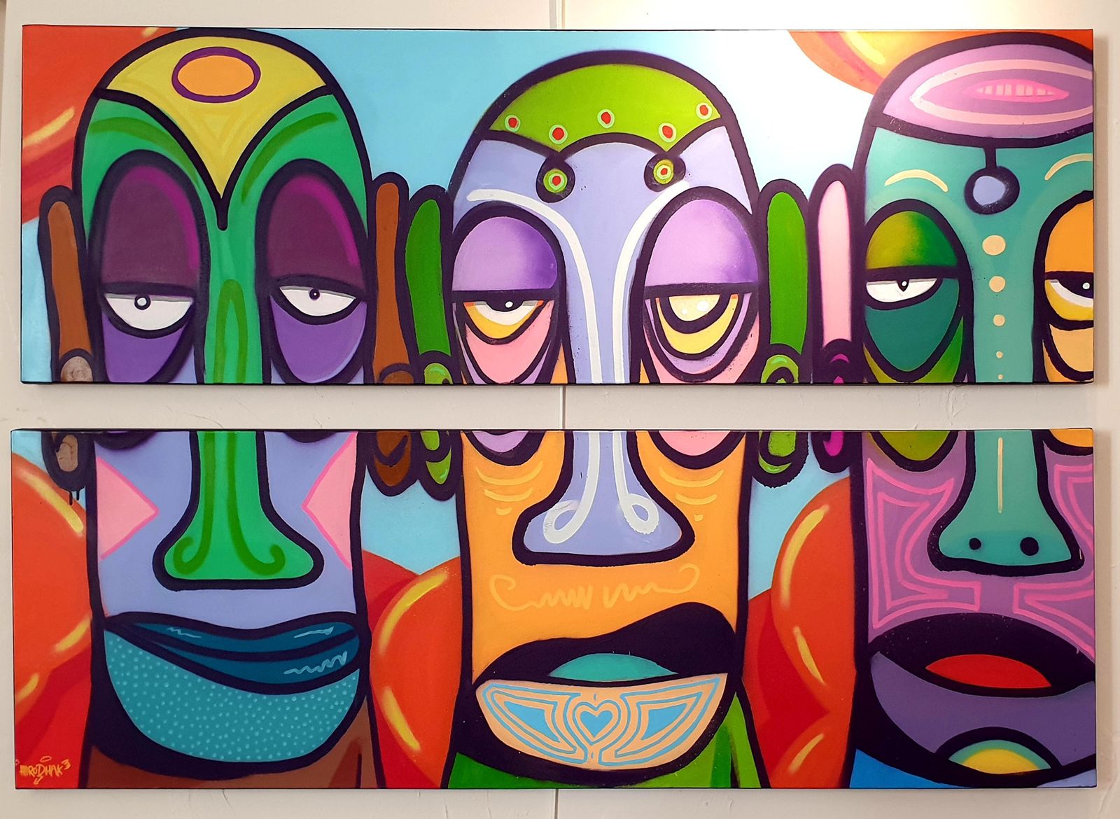 Street Art Contemporary Diptych Aerosol On Canvas. "The Three Pastoral Singers" From 2024 By Harold Maka photo furniture