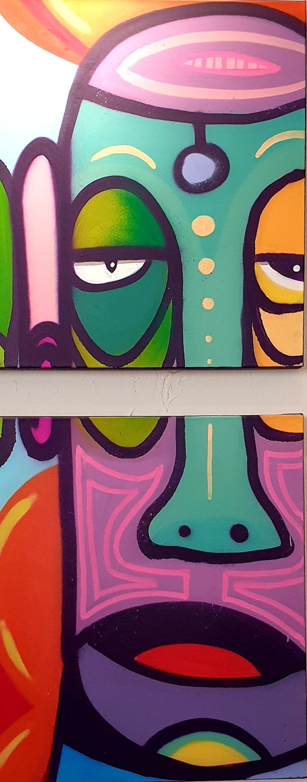 Street Art Contemporary Diptych Aerosol On Canvas. "The Three Pastoral Singers" From 2024 By Harold Maka photo 2411.0