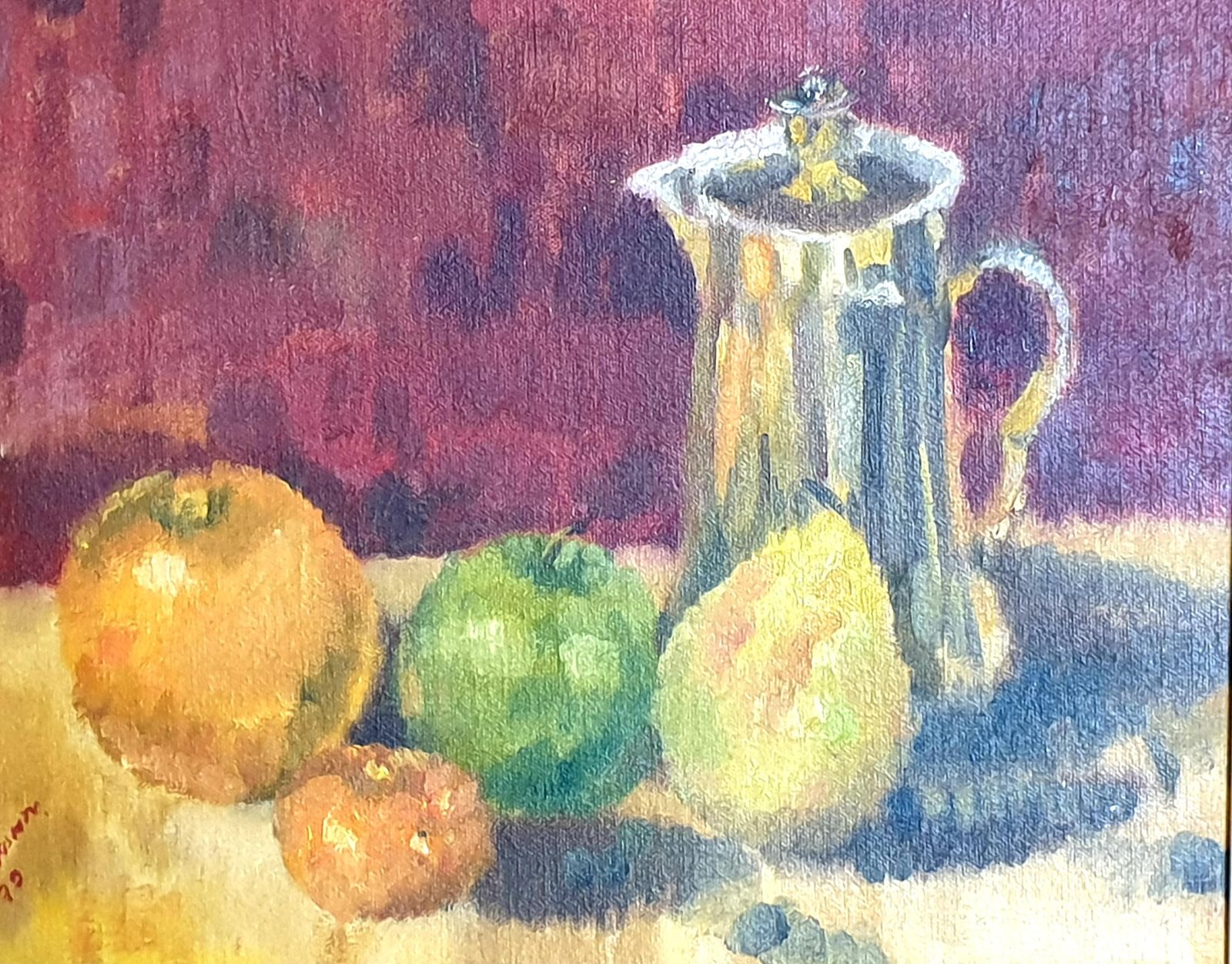 Colourful French Still Life, Fruit And Coffee Pot. Oil On Board From 1979 By Bill Brown photo 377.0