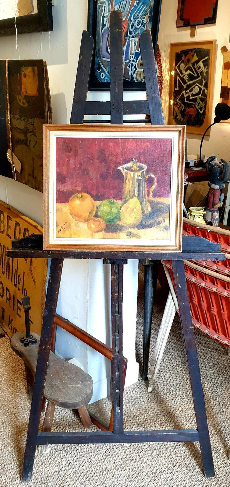 photo buy Colourful French Still Life, Fruit And Coffee Pot. Oil On Board From 1979 By Bill Brown