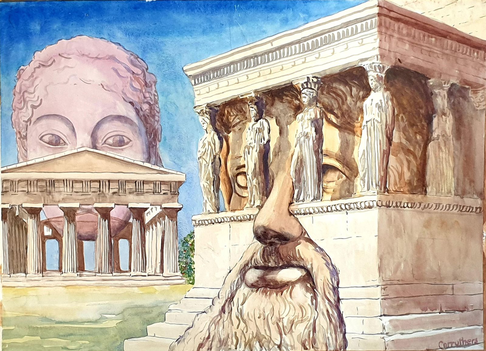 Derek Carruthers Surrealist Watercolour/Gouache On Paper. 'The Birth Of Sculpture''1986