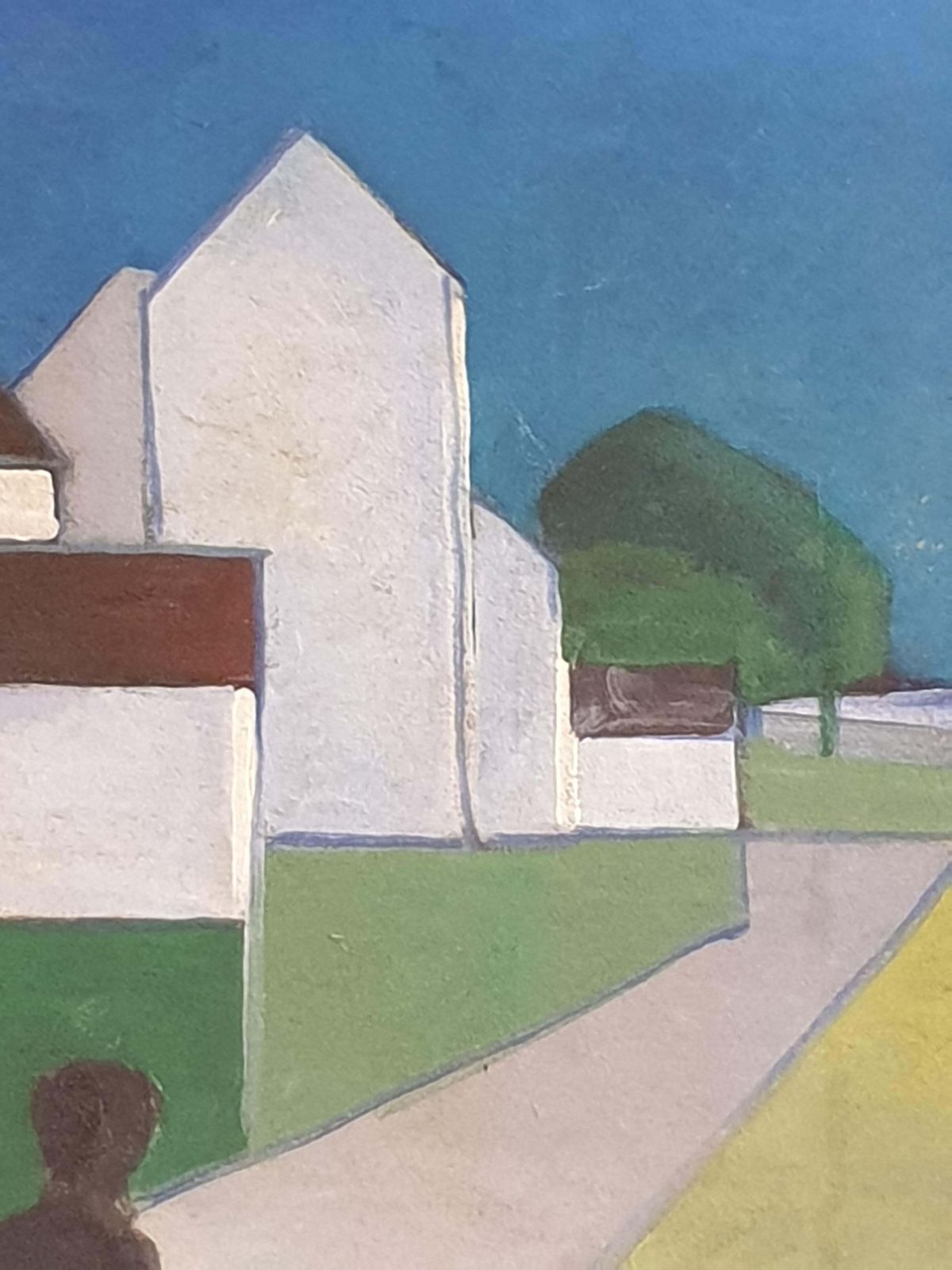 Poul Møller, Danish Mid Century Colourfield Oil On Board Of Houses And People In A Landscape. (1977) photo for sale
