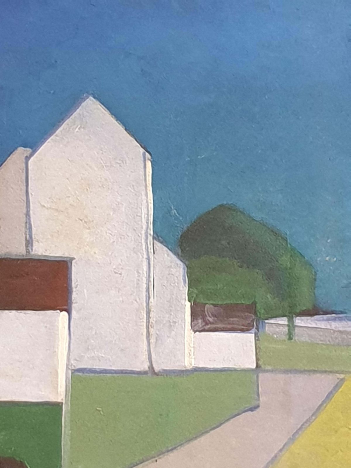photo for sale Poul Møller, Danish Mid Century Colourfield Oil On Board Of Houses And People In A Landscape. (1977)