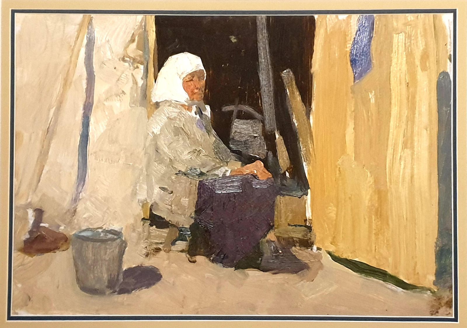 Realist Portrait, Mid Century Oil On Card, The Babushka. Oil. (1963)