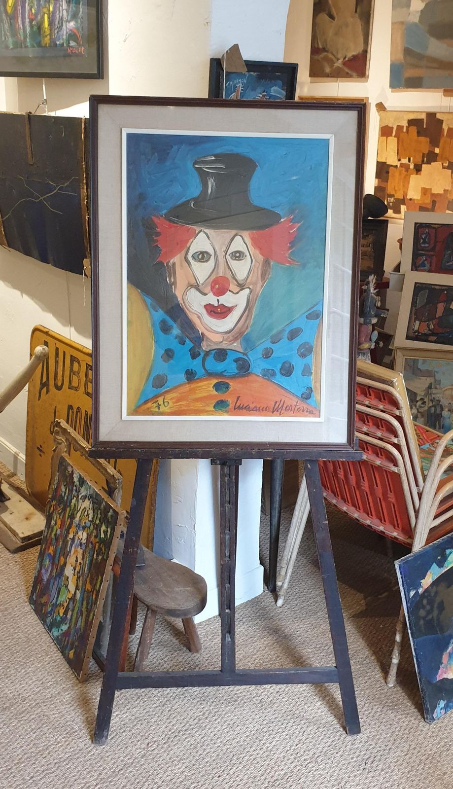 Luciano Morterracoco The Clown In Top Hat And Bow Tie. Milan School, Italian Oil On Canvas.1976 photo buy