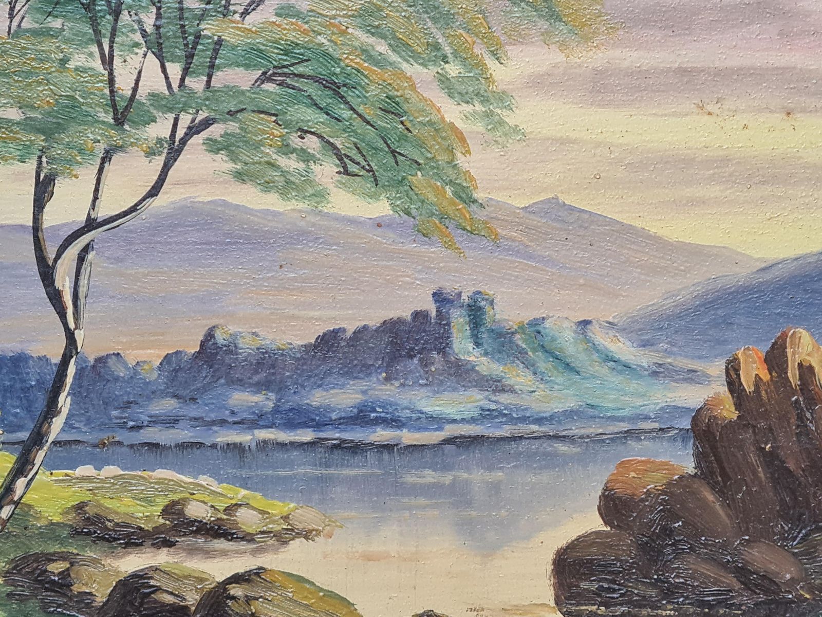 Boggio, Barbizon School Lakeside Landscape With Castle. Oil On Board. photo for sale