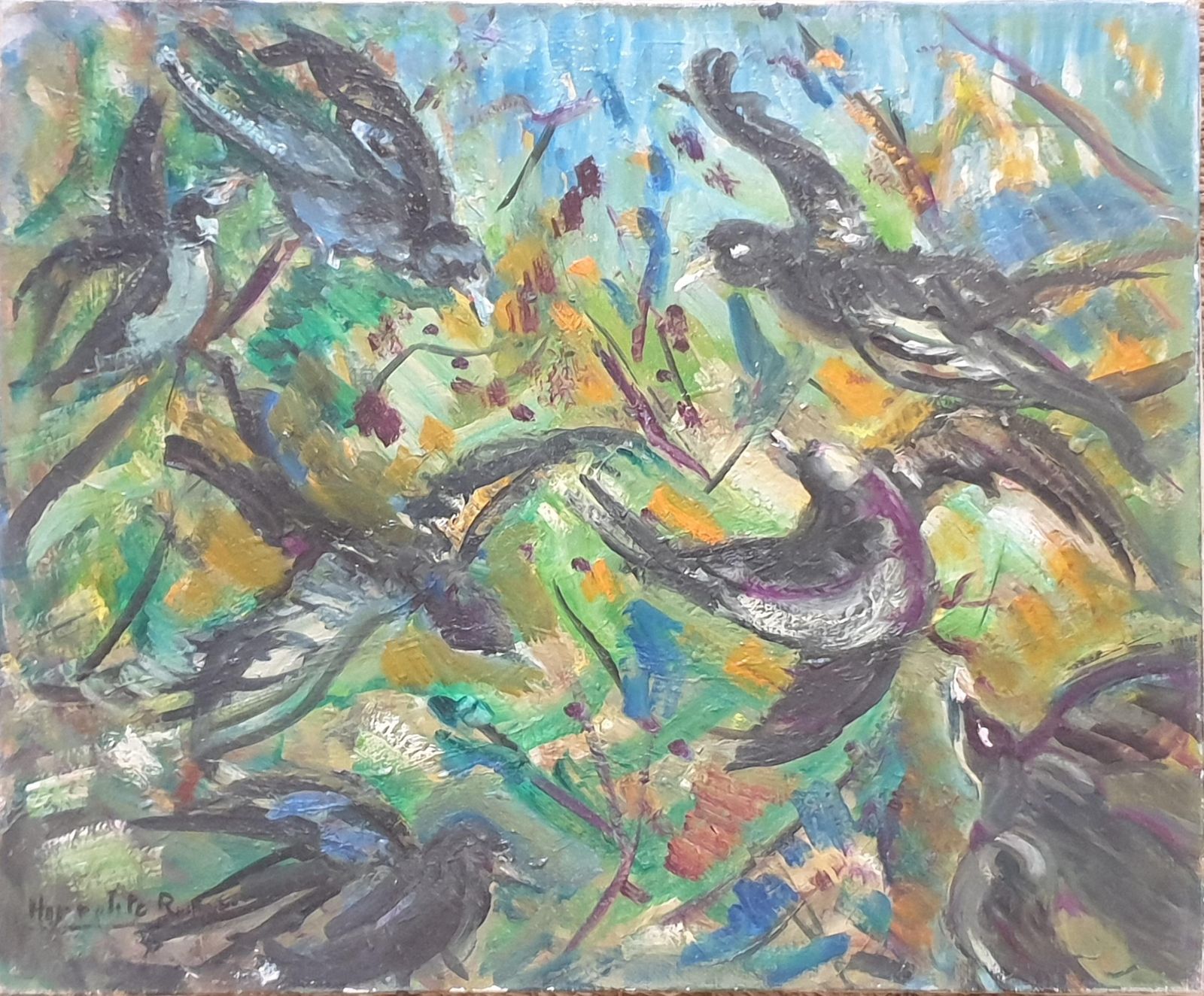 Hyppolite Roger French Mid Century Oil On Canvas, Birds In Flight